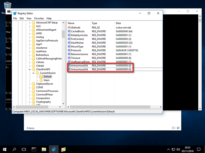 Windows 10: Regedit NFS AnonymousUid and AnonymousGid