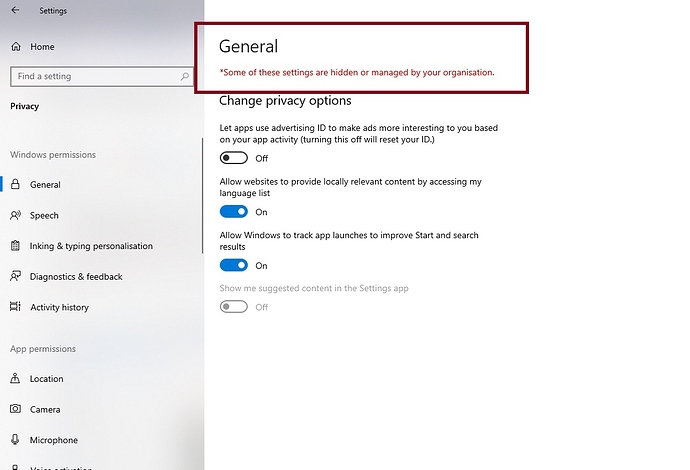 Some settings are hidden or managed by your organization