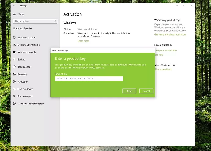 Screenshot of Product Key window