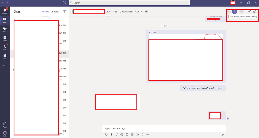 Microsoft Teams Sharing button disabled with the message. Your admin
