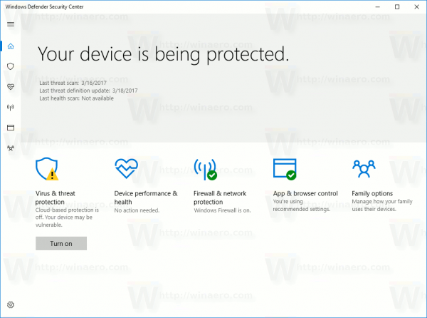 Windows Defender Sec Center Opened