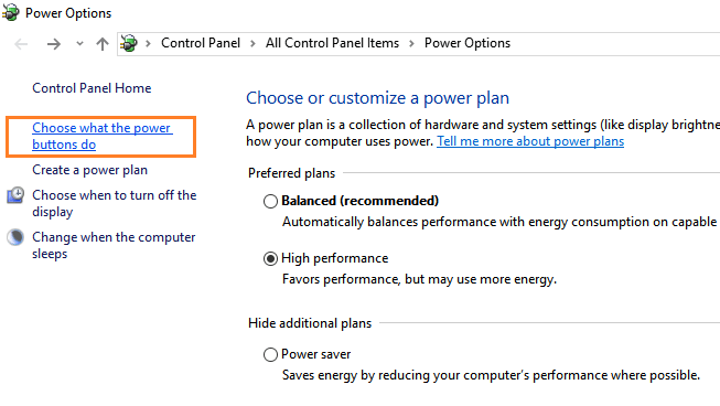 Settings of Power Options in Windows 10