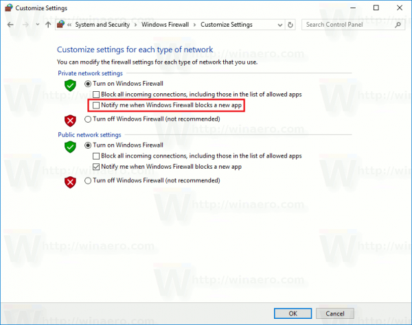 Disable Firewall Notifications In Windows 10 Using Control Panel
