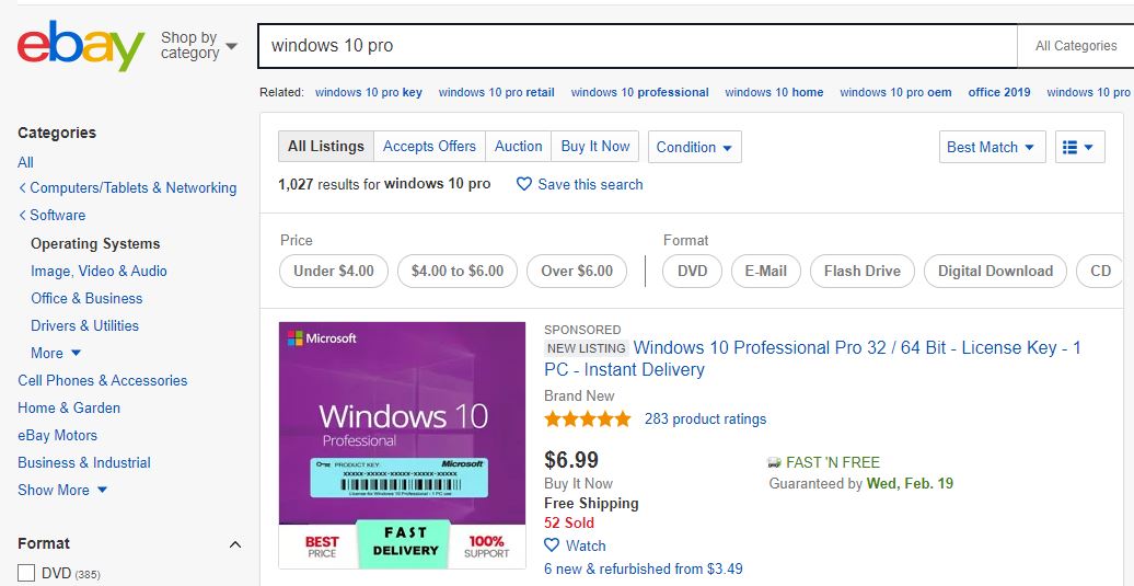 Windows 10 on Ebay