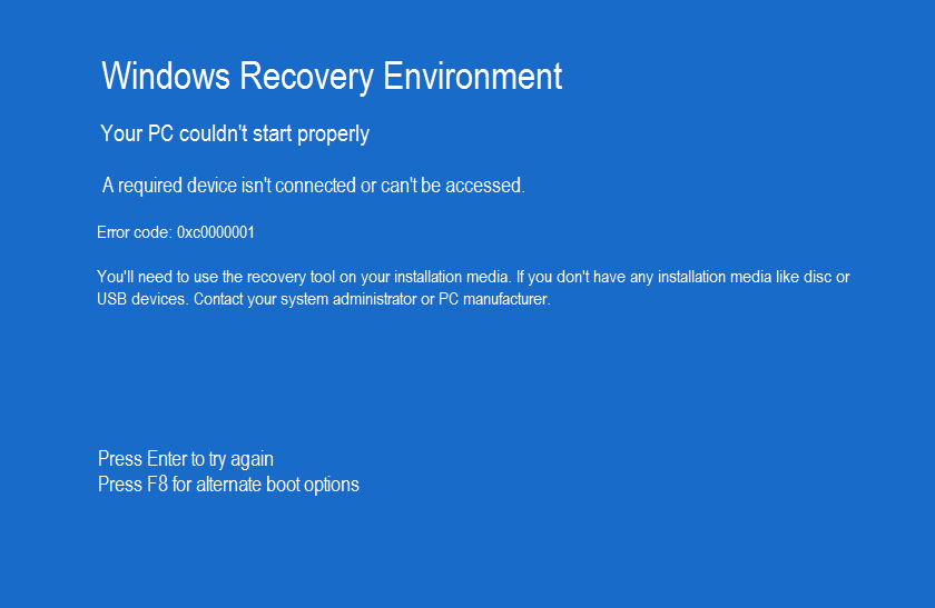 Windows 10 error code 0xc0000001